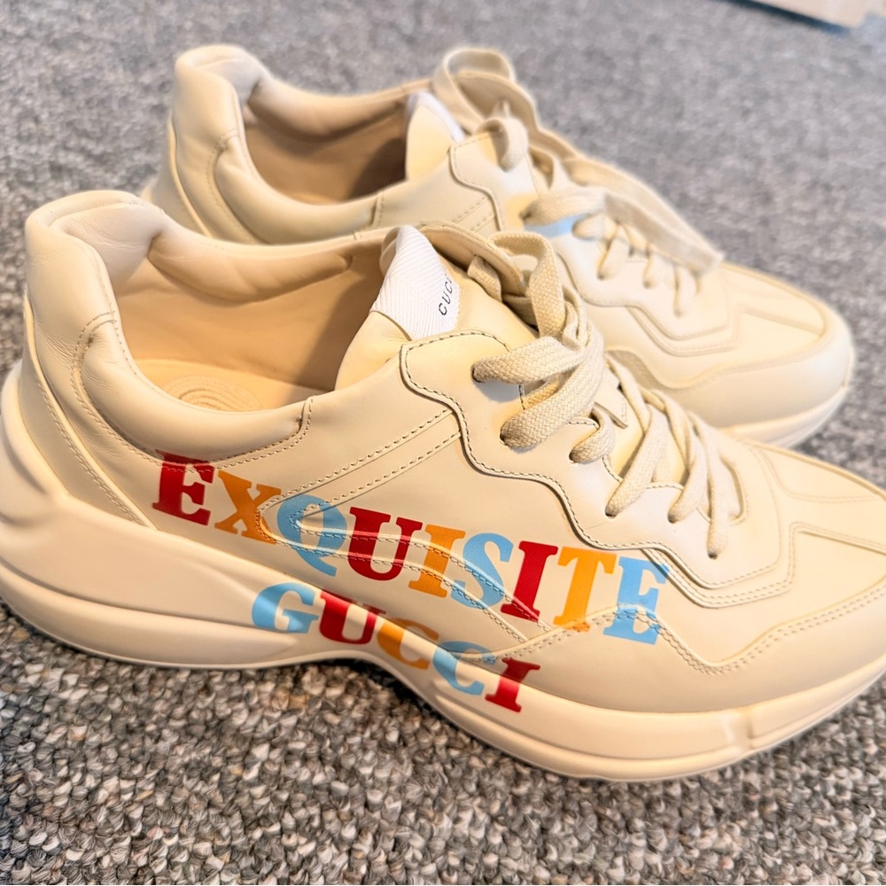 Gucci Rhyton Leather Cream Sneakers with Colorful Lettering